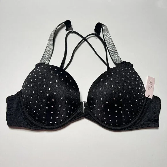 Victoria Secret 34D Bombshell Push Up Bikini Top Glam Cups Shine Strap Black Bikinis